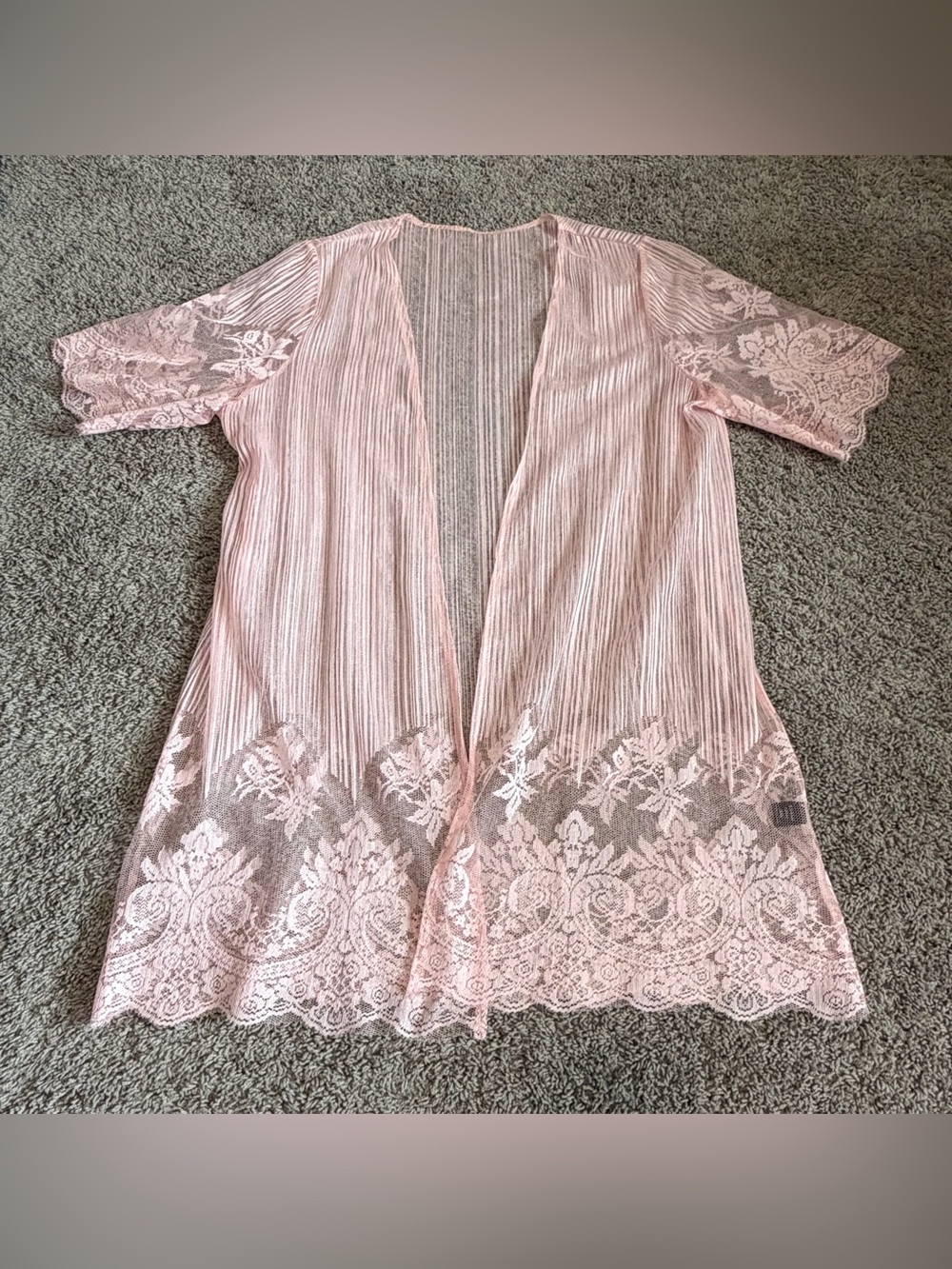 SHEIN Blush Pink Lace-Trim Sheer Kimono